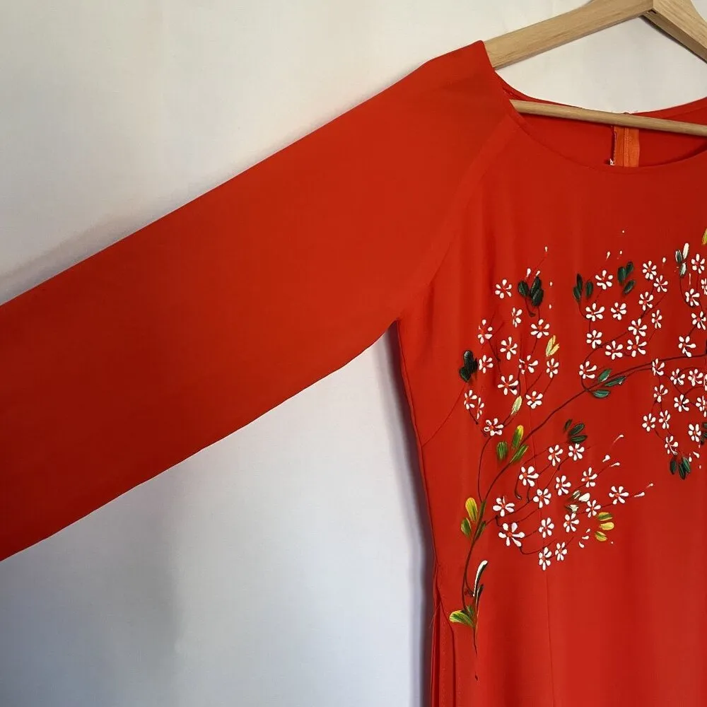 Vintage Floral hand painted Red Maxi Dress Womens XL Long Sleeve high slits - Image 4