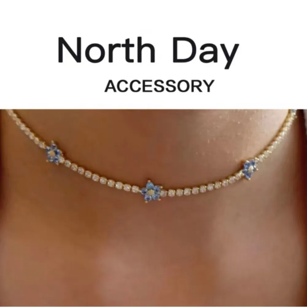Baby Blue Flower Floral Crystal Jewelled Dainty Choker Necklace - Image 2