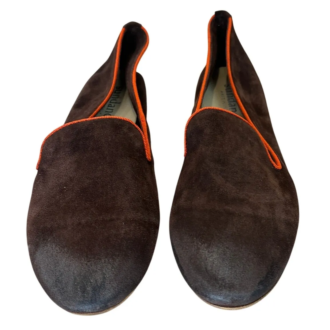 Sundance Brown Smoking Flats Shoes Size 39 8.5  Suede Leather Orange Trim Preppy - Image 4