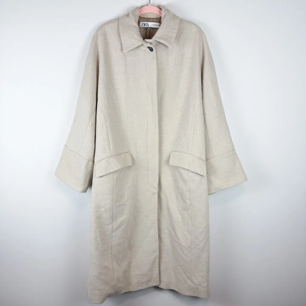 Zara Oversized Neutral Beige Wool Blend Trench Coat Duster Jacket Size Small - Image 7
