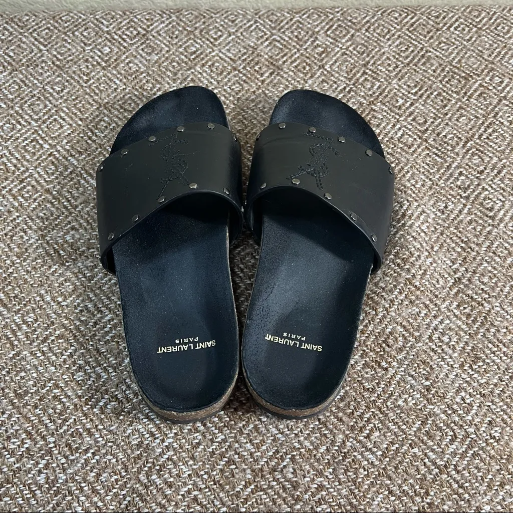 Saint Laurent Jimmy Sandals Women's Black Leather Metal Studs Logo Sz 37 US6 - Image 5