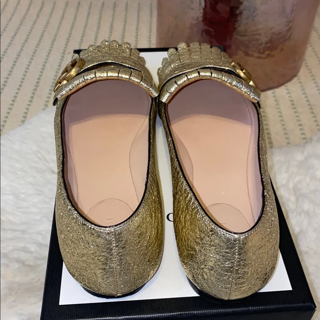 Authentic GUCCI Platino Gold Ballet Flats with Double G - Image 8
