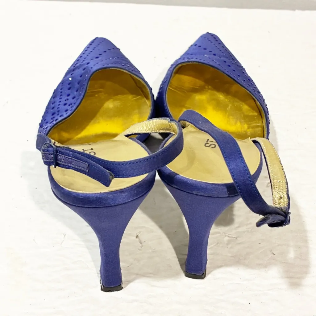 ST. JOHN Sapphire Blue Satin Size 8 Sling Backs ITALY Jeweled Pump Shoe - Image 6