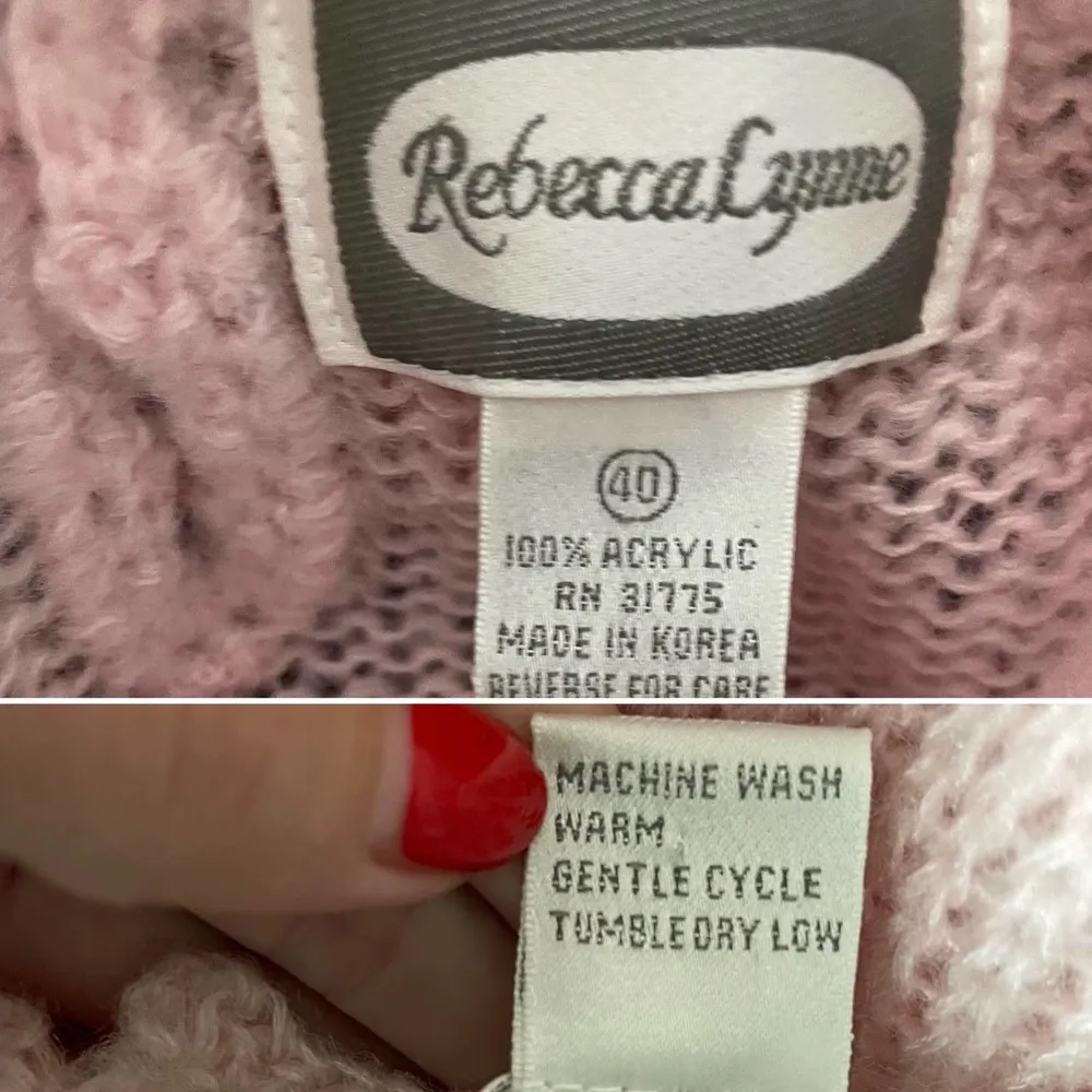 Vintage puff shoulder lace appliqué faux pearl loose knit sweater size XL - Image 7