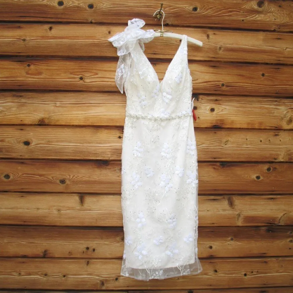 Mac Duggal 79337 Womens White FLORAL EMBELLISHED V-NECK MIDI DRESS SHOULDER BOW - Image 5