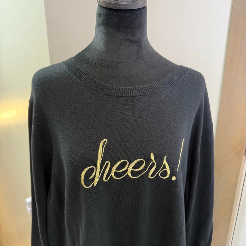 J. Crew Factory 'Cheers!" Crewneck Sweater Black Gold 100% Cotton Knit 3X - Image 2