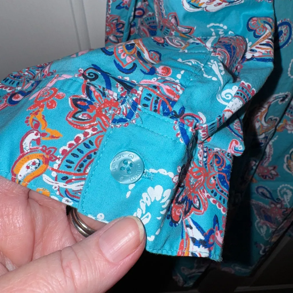 Woman Within Plus Three Quarter Sleeve Shirt Teal Pink White Paisley 2X 4X 26/28 - Image 3