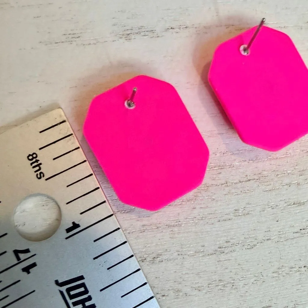 Hot Pink Acrylic Statement Stud Earrings with Magenta Crystal - Image 4