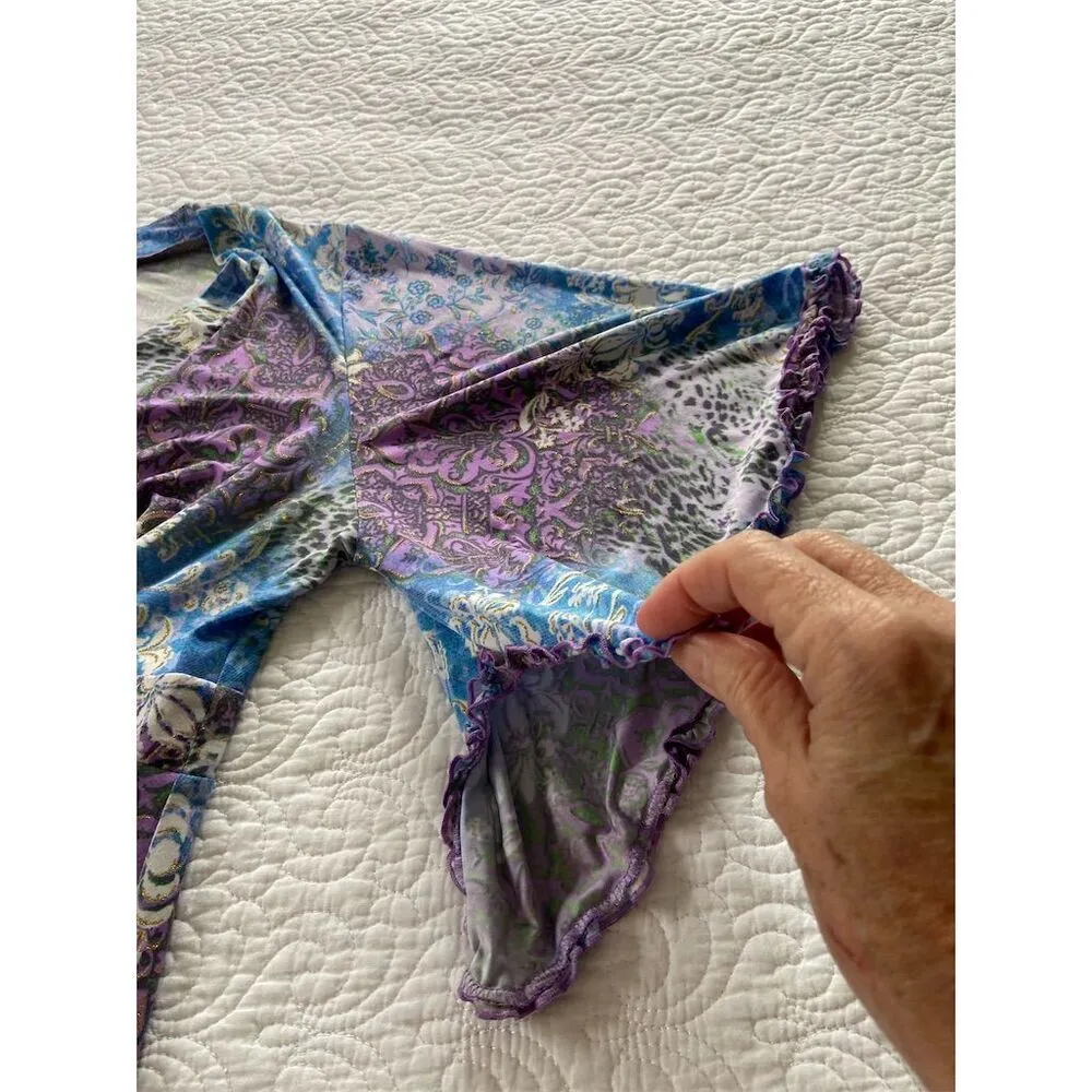 Bisou Bisou Kimono Robe Floral Bell Sleeve Wrap Tie Size L Multicolor Romantic - Image 9