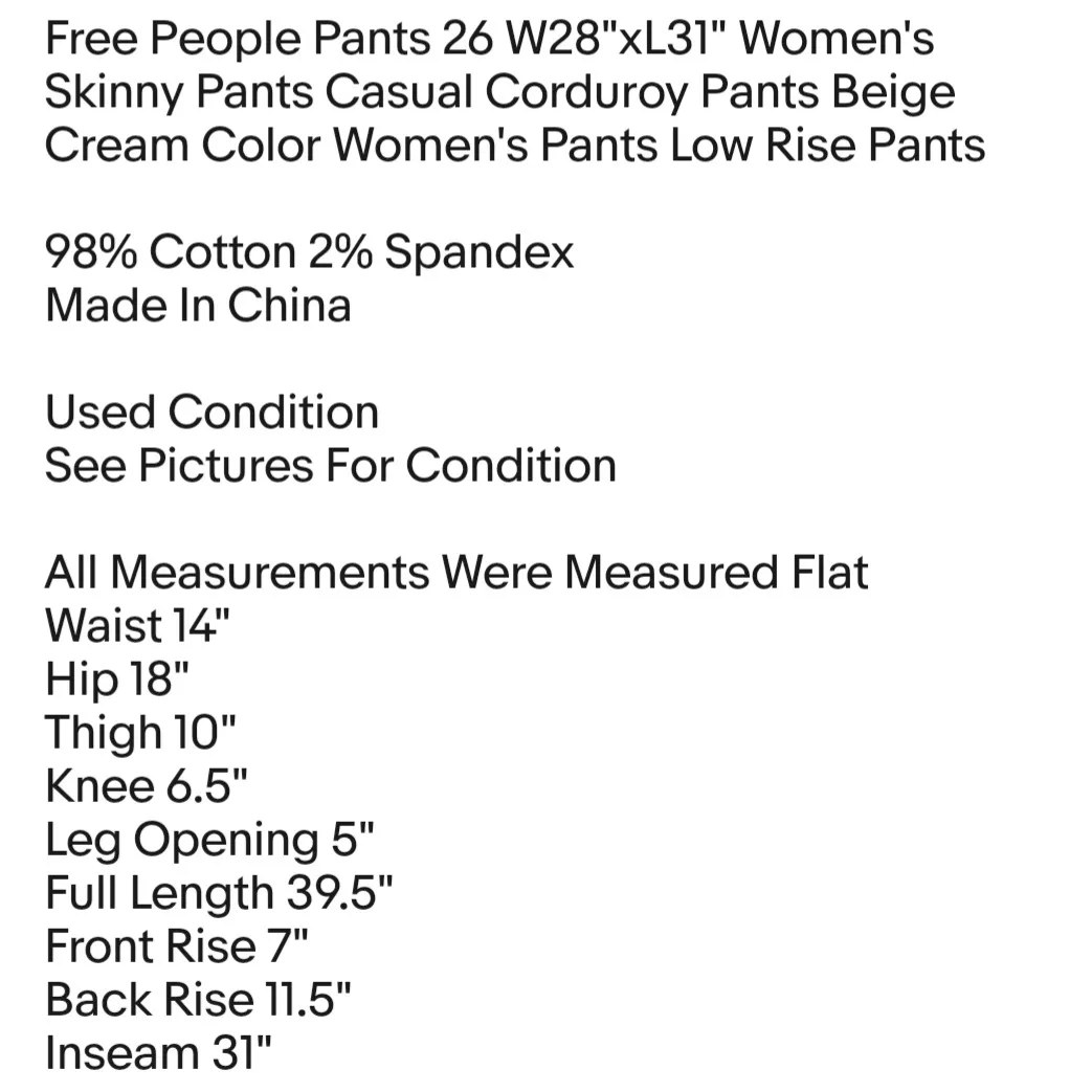 Free People Pants 26 W28"xL31" Women's Skinny Pants Casual Corduroy Pants Beige  - Image 2