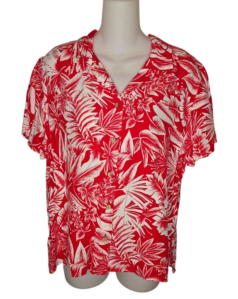 Gloria Vanderbilt Vintage Rayon Button-Down Hawaiian Shirt Blouse, Size Large - Image 1