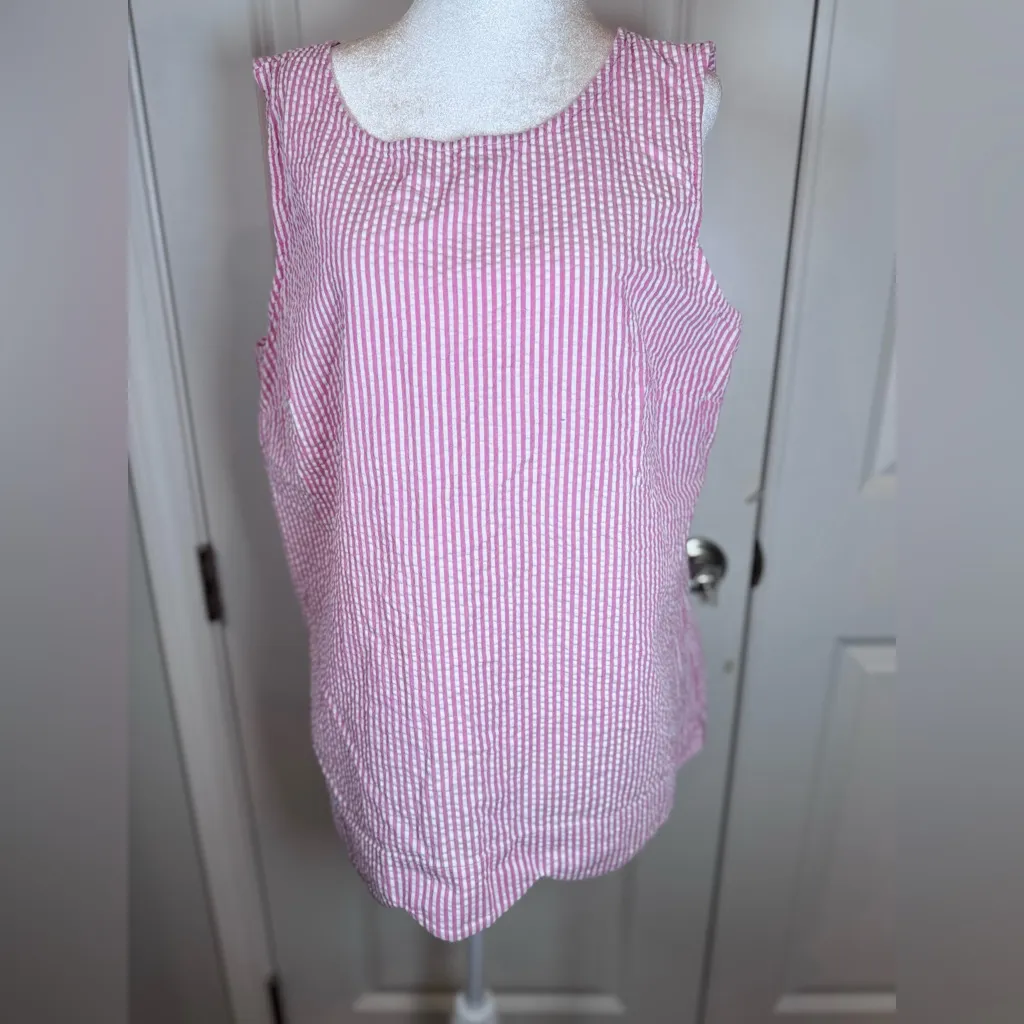 Talbots Pink Seersucker Stripe Cotton Tank Top L Scalloped Hem Coastal Preppy - Image 4