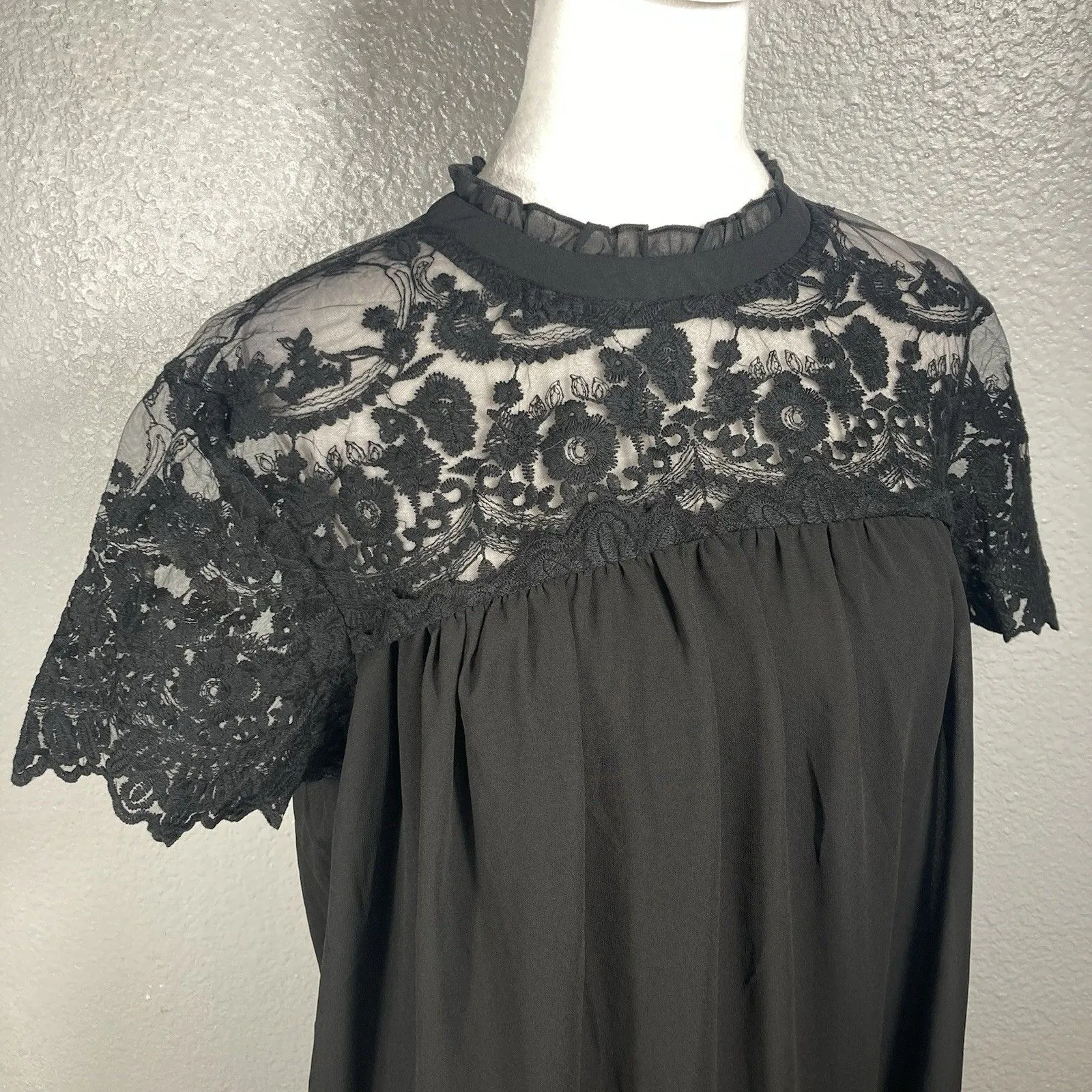 Black Lace Babydoll Mini Dress XL Chiffon Ruffle High Neck Embroider Whimsigoth - Image 2