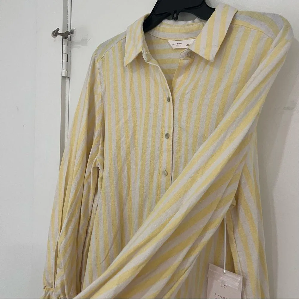 Women's LC Lauren Conrad Oversized Linen Blend Button Down Yellow Stripe Blouse - Image 7