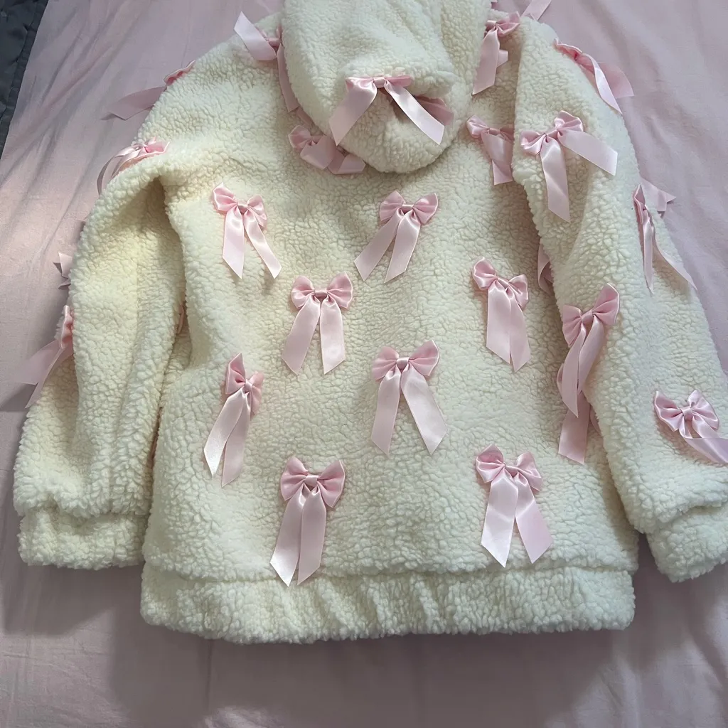 Sugar Thrillz Cream Fleece Jacket with Pink Bows Size M - Image 4