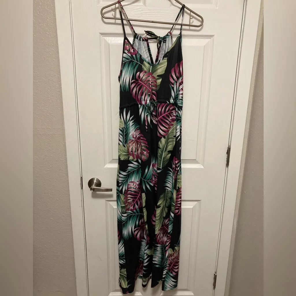 Huskary Black Tropical Floral Leaf Print Sleeveless Maxi Dress Green Size L - Image 2