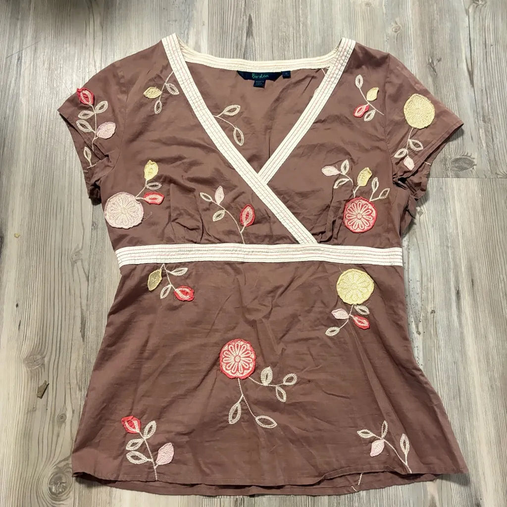 Boden Brown Floral Embroidered Blouse boho style Size 14 - Image 7