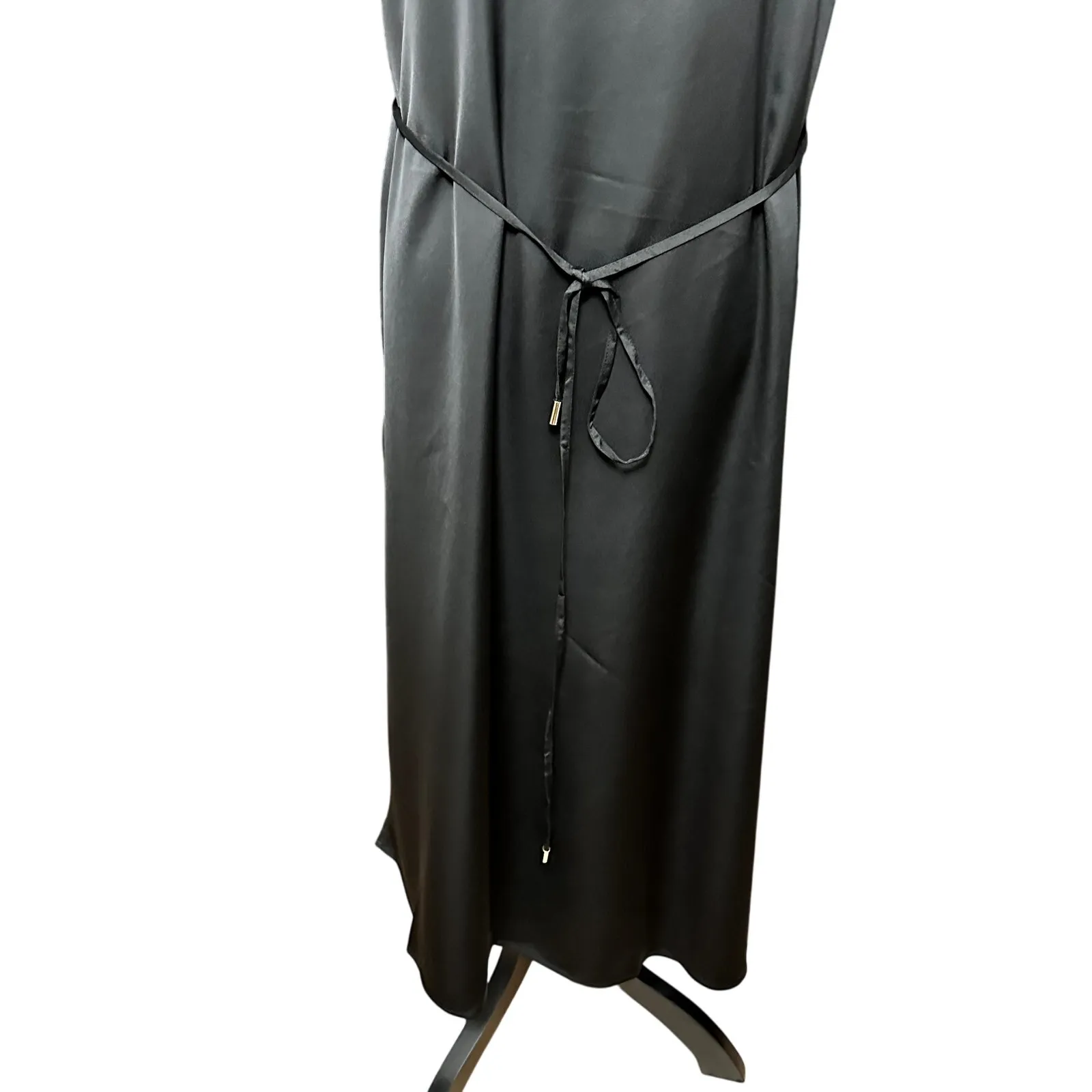 INC Midi Slip Dress Satin Crepe Halter Neck Waist Tie Side Slits Black W 14 NWT - Image 4