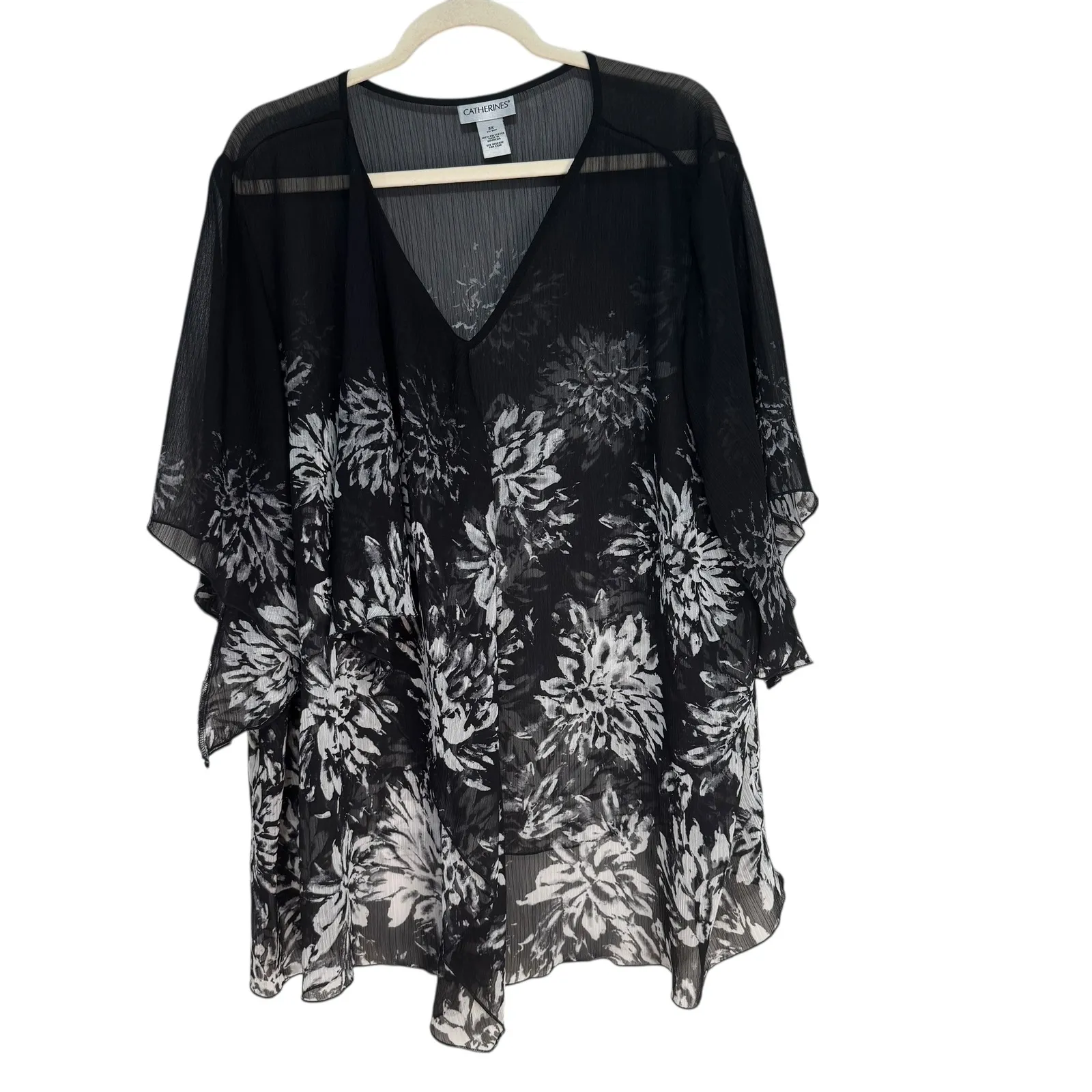 Catherines Black Floral Print Sheer Kimono Top Caftan Swim Cover Up 3X - Image 2