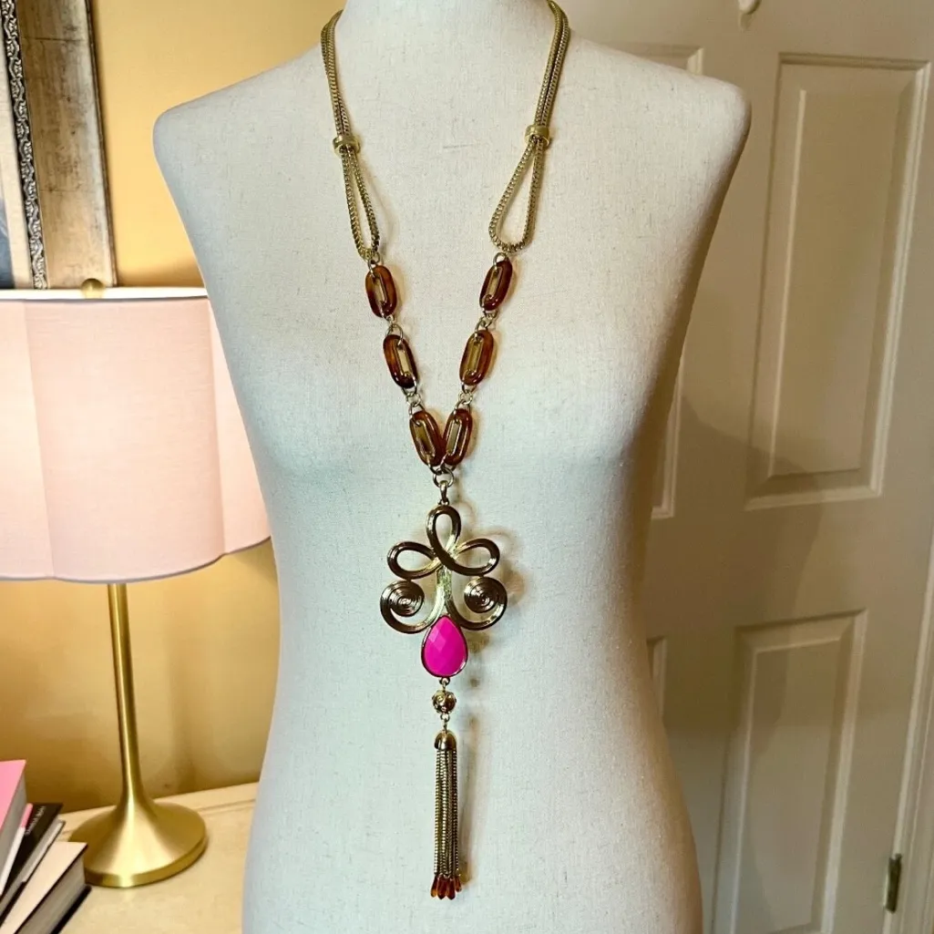 Lilly Pulitzer Gypsy Boho Style Statement Necklace in Gold & Pink - Image 3