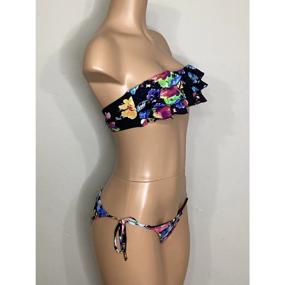 New. Pilyq floral ruffle and string bandeau bikini. - Image 3