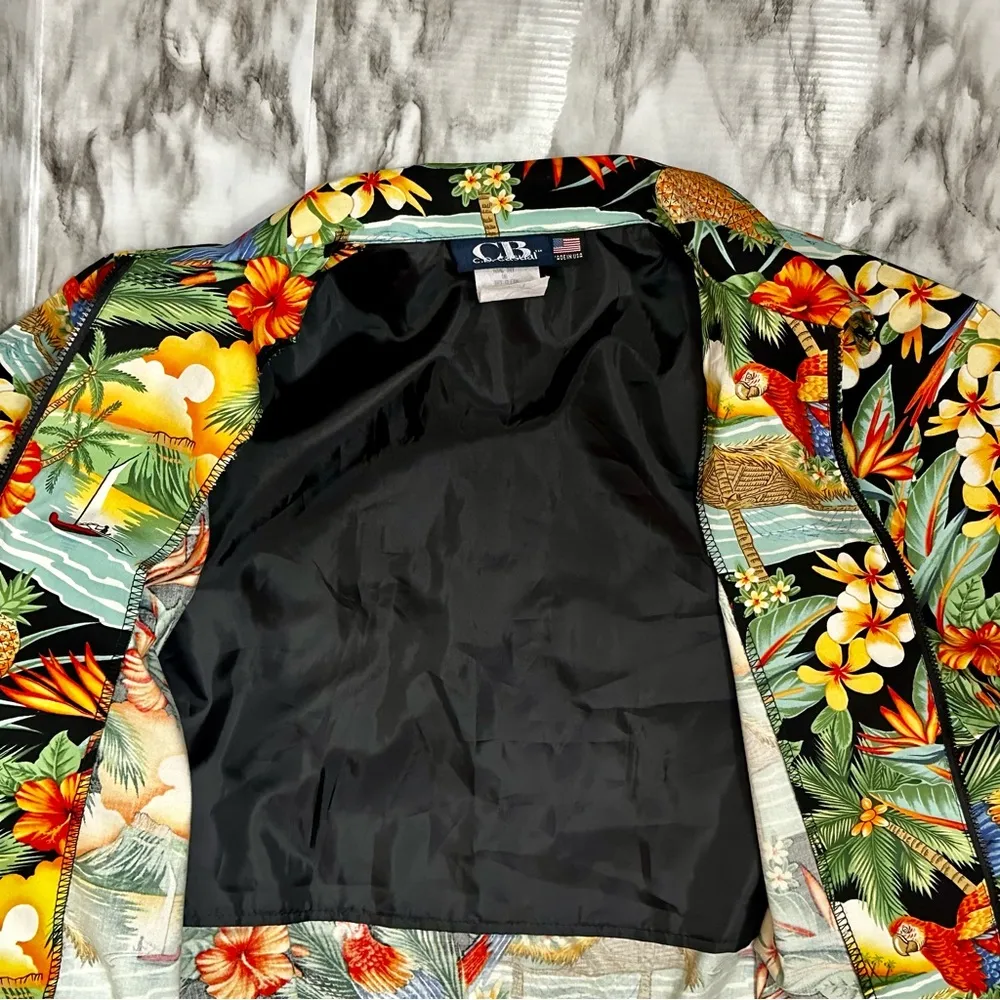 Surf Crush Tiki Vtg Sz S Hawaiian Print Zip Up Jacket CB Casual Macaw Tropical Red - Image 11