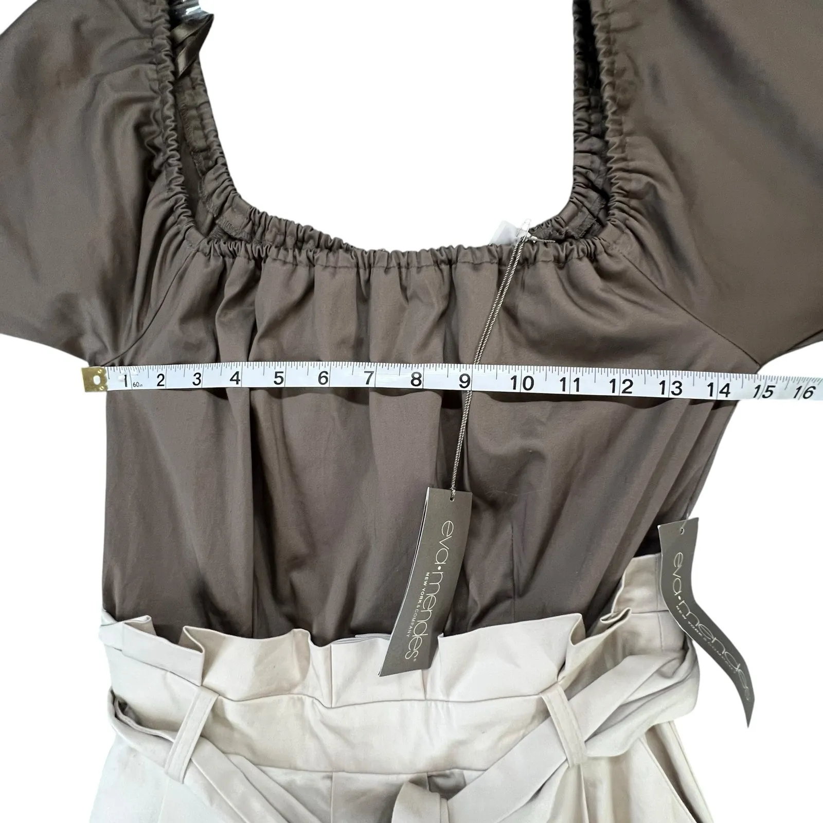 Eva Mendes NYC Midi Dress XS Brown Cream Off The Shoulder Belted Cottage Classic - Image 4