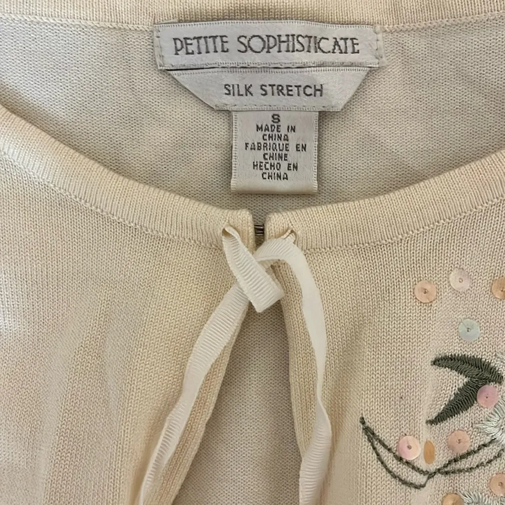 Vintage Petite Sophisticate Silk Stretch Sequin Tie Front Cardigan - Size Small - Image 2