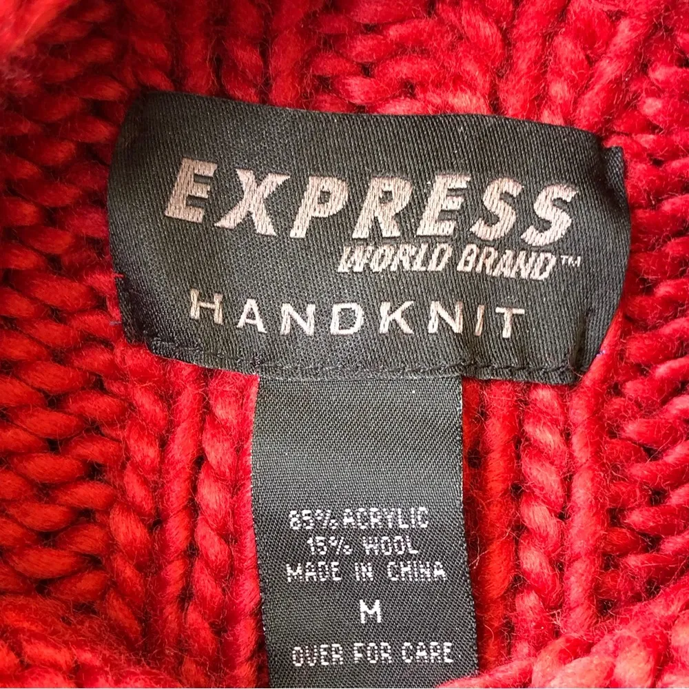Express Red Handknit Wool Blend Cable Knit sweater M - Image 4