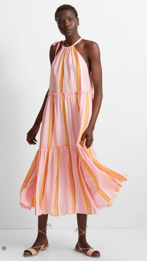 RTR Club Monaco Amirra Silk Pink Multi Stripe Sleeveless Tiered Midi Dress Sz 6 - Image 1