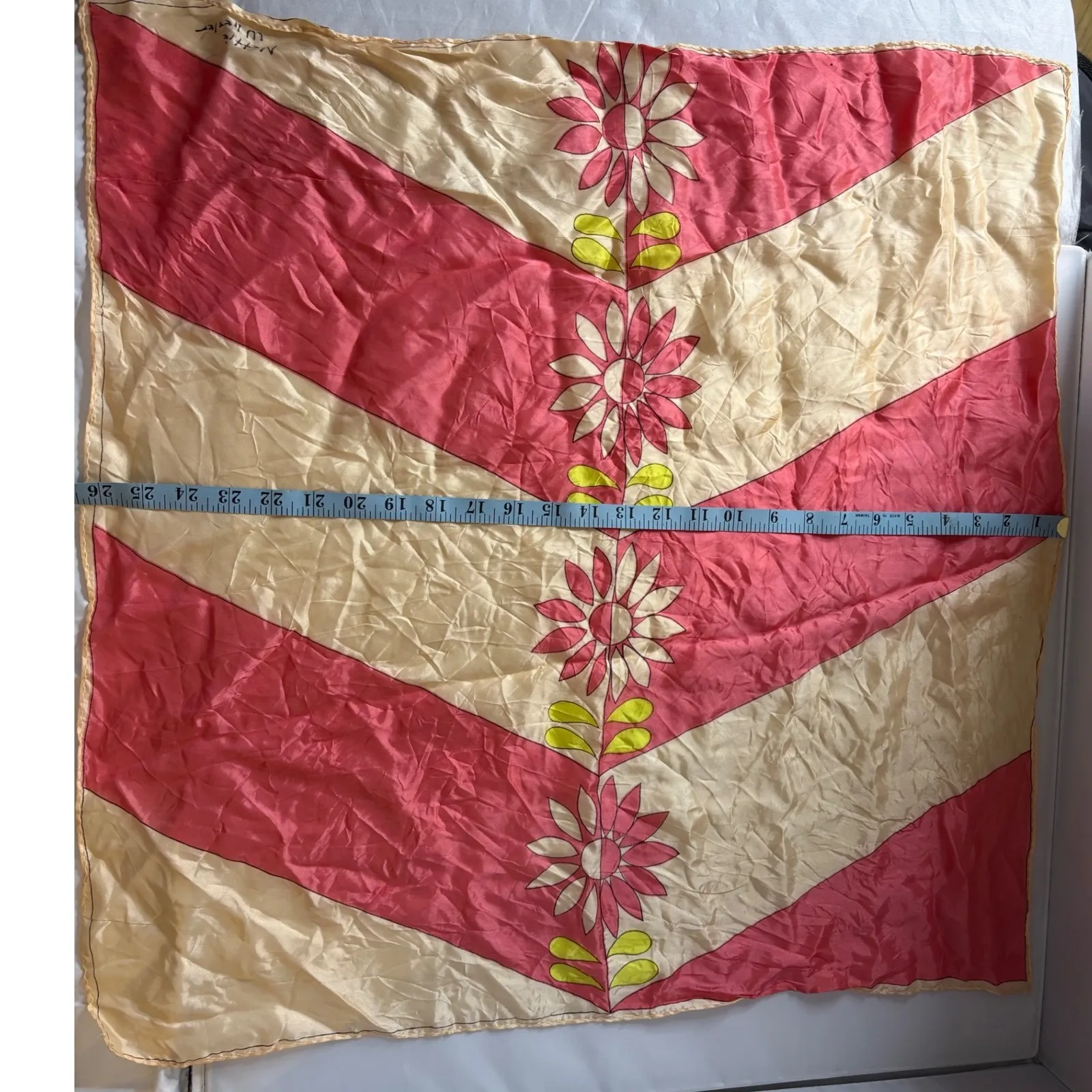 1960s Floral Print Scarf Pink Beige Yellow Square Neck Head Hair Bandana (Name) - Image 4
