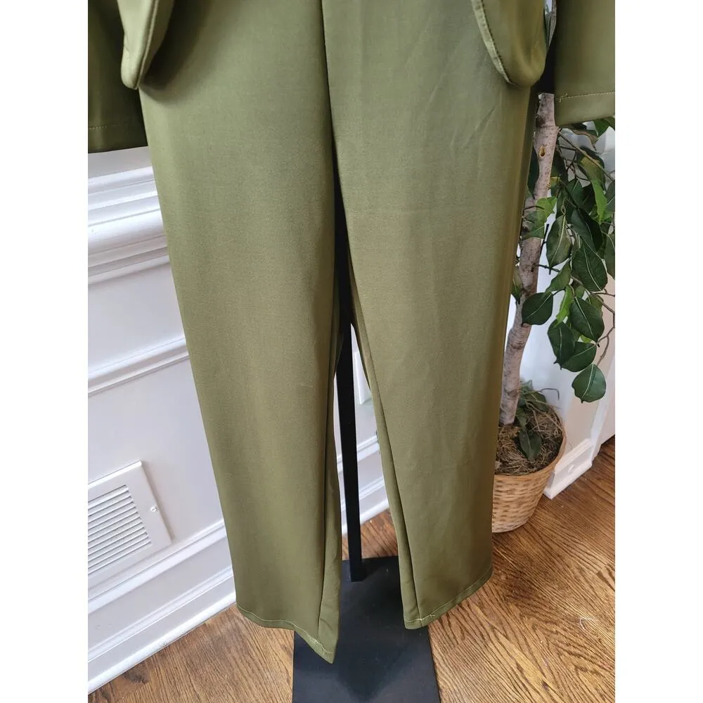 Women's 2 Piece Suit Size L Green Solid Long Sleeve Double Breasted Open Front Size L - Image 11