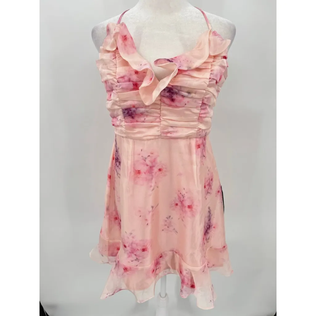 Lulu’s Pink Floral Fairy Ruffle Mini Party Dress Ruched Bodice Medium NEW - Image 3