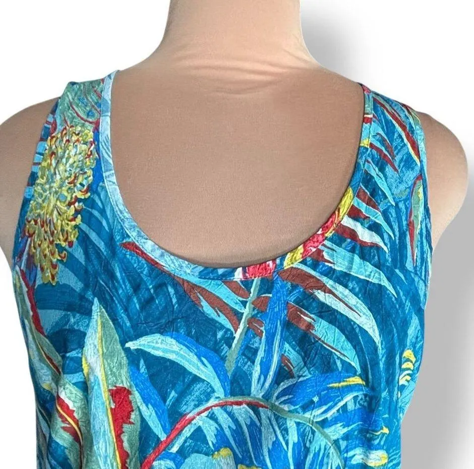 Jams World Kamuela Print Tank Top Blue Tropical Floral Crinkle Rayon Hawaiian XL - Image 2