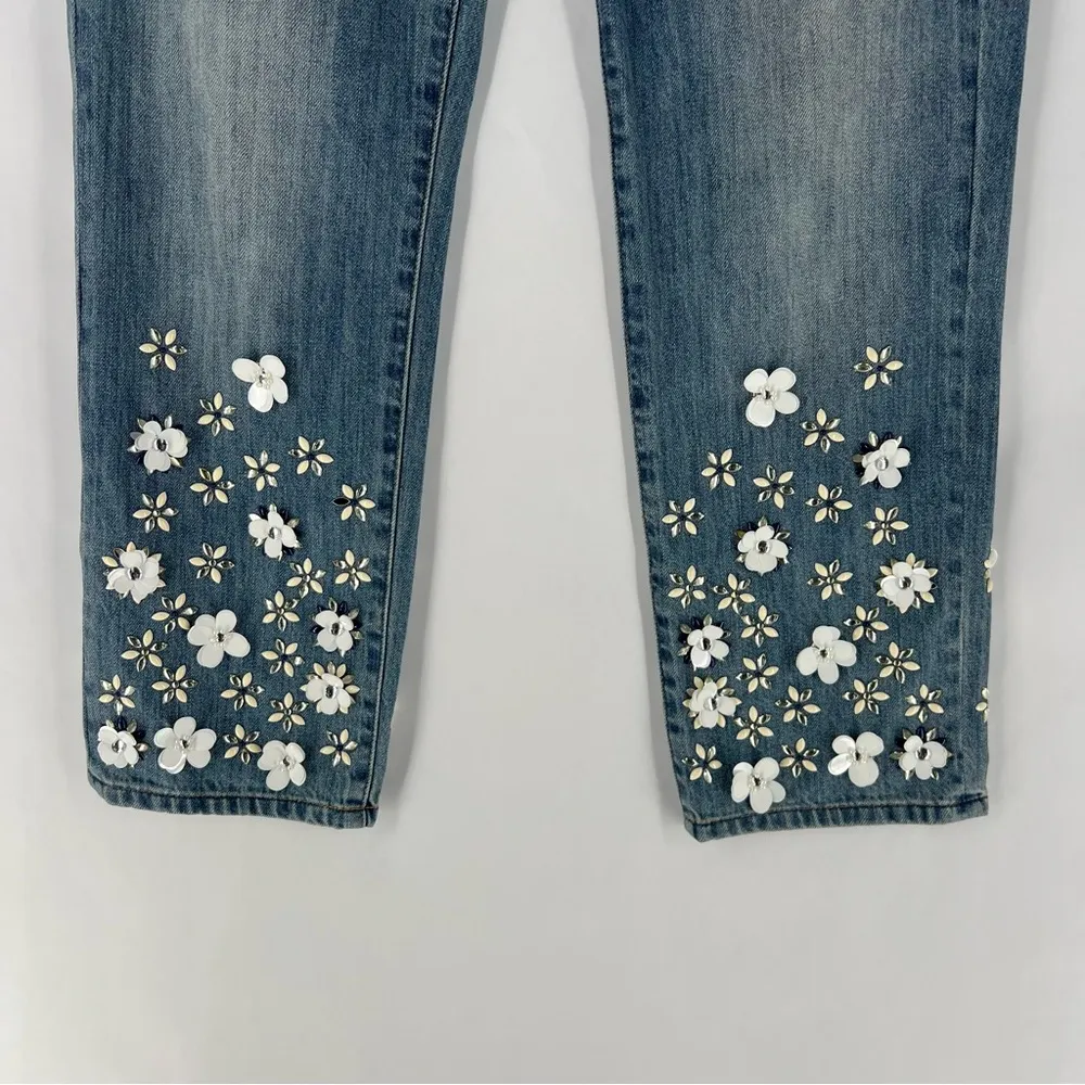 Michael Kors Light Wash Denim Embellished‎ Floral Sequined Jeans Cropped Cotton - Image 8