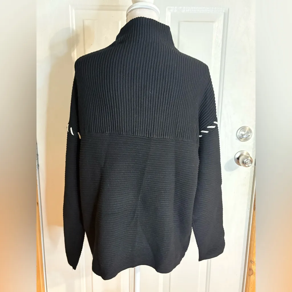 Tahari Black Turtleneck Whipstitched Sweater with White Stitching size M NWT - Image 5