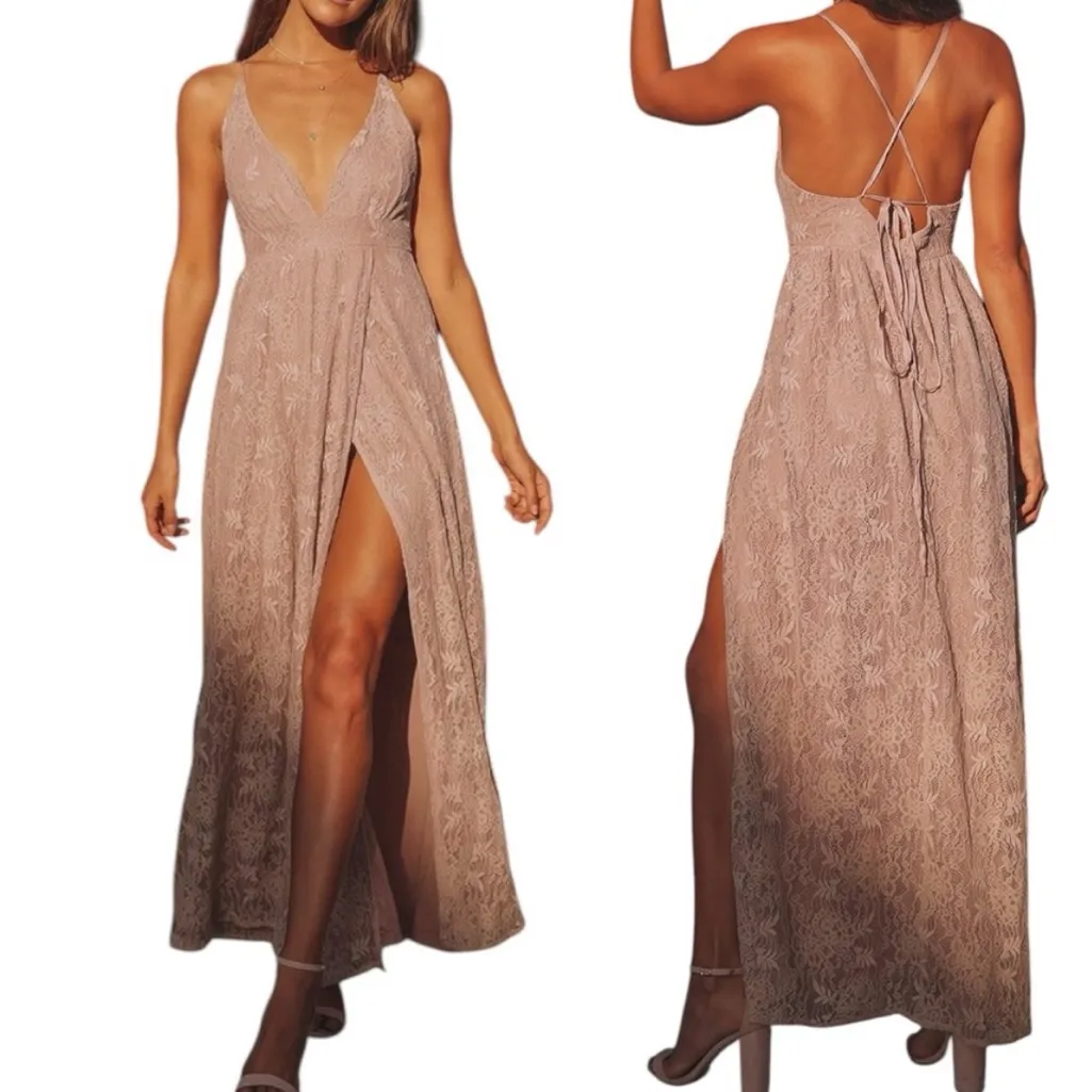 LULU’S STOLEN MOMENTS DUSTY PINK MAUVE LACE-UP MAXI LACE DRESS L - Image 2