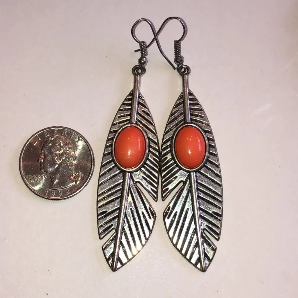 Silver Tone Coral Accent Boho Feather Earrings - Image 3