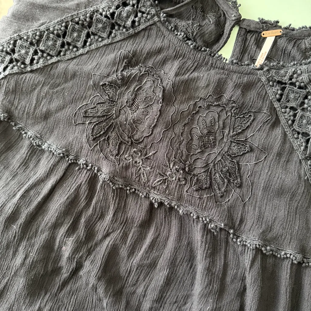 Free People Piece of Your Heart Embroidered Long Sleeve Mini Dress Black Size S - Image 9