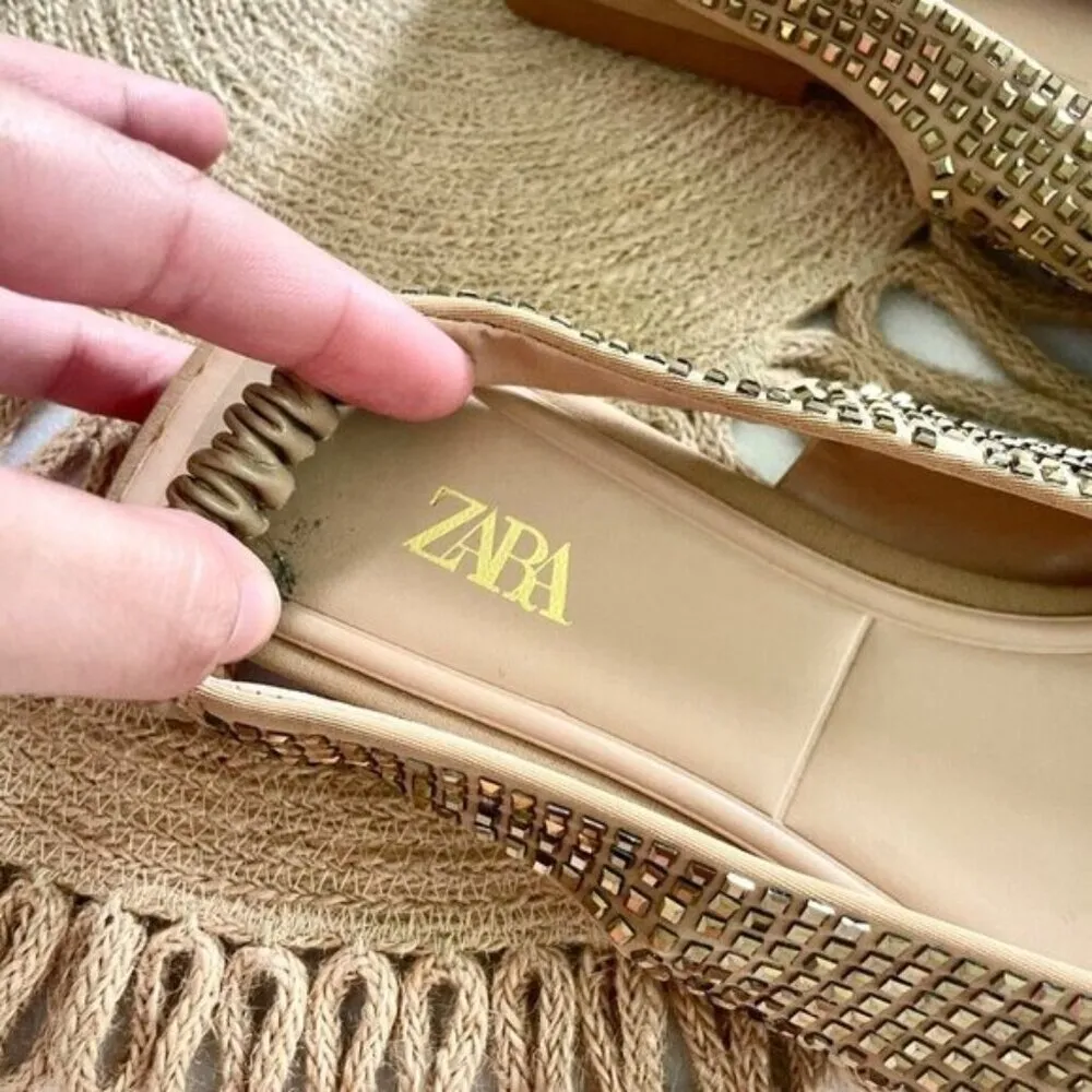 Zara Sparkly Slingback Gold Pointed Toe Rhinestone Flats Size 39 - Image 5