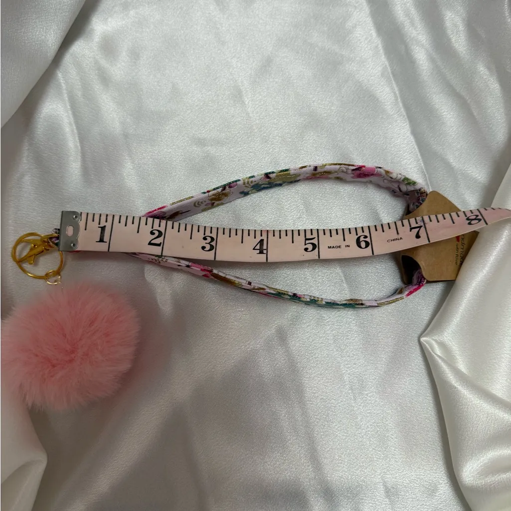 Handmade Pink and Purple Floral Peacock Wristlet Keychain with Light Pink Pompom - Image 5