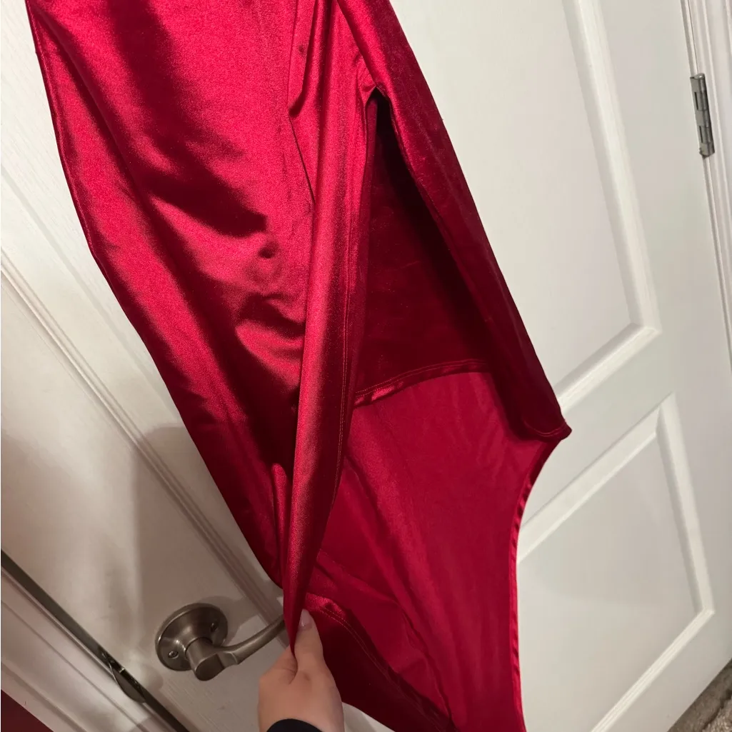 Windsor Asymmetrical Red Satin Dress - Image 4