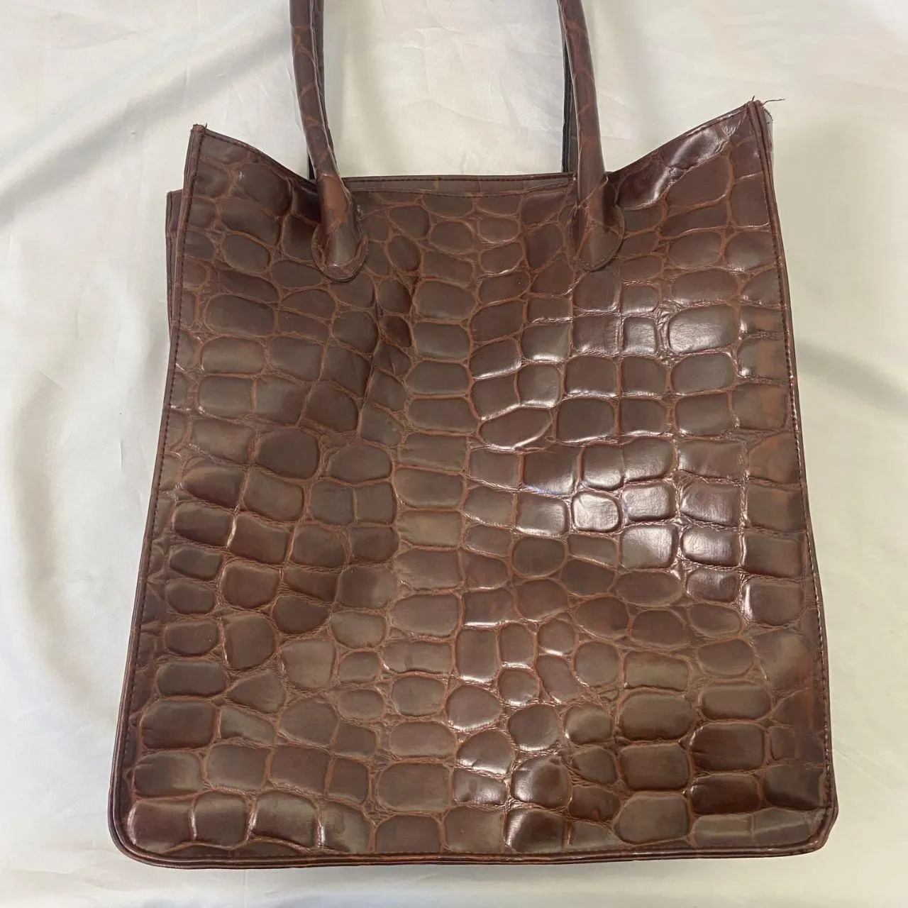 Vintage Boho Large Ralph Lauren Safari Brown Faux Croc Top Handle Tote Bag - Image 6