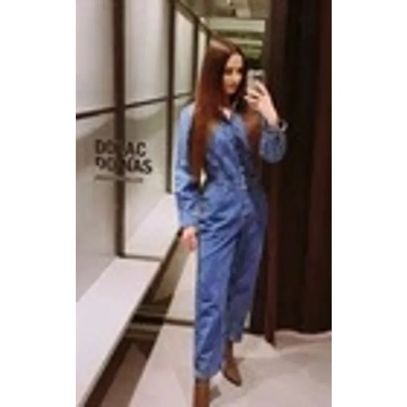 Zara S Women's denim jumpsuit straight Wide leg utility jean coveralls collard - Image 3