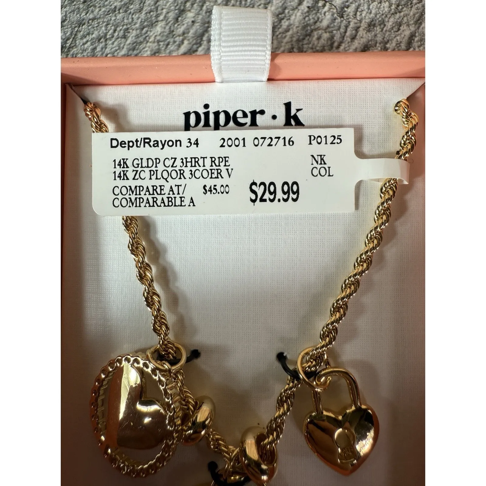 NIB Piper K 14K Gold Plated Cubic Zirconia 3 Heart Charm Necklace Braided Chain - Image 8