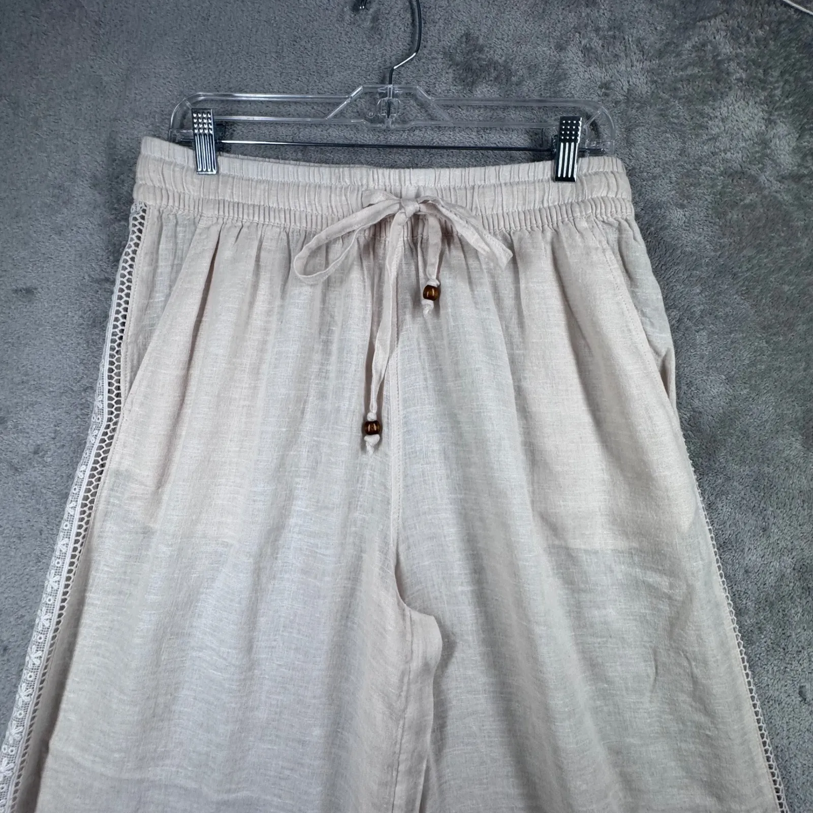 Calypso St Barth L Linen Rayon Wide Leg Lace Trim Pull On Drawstring Beach Pants Size L - Image 4