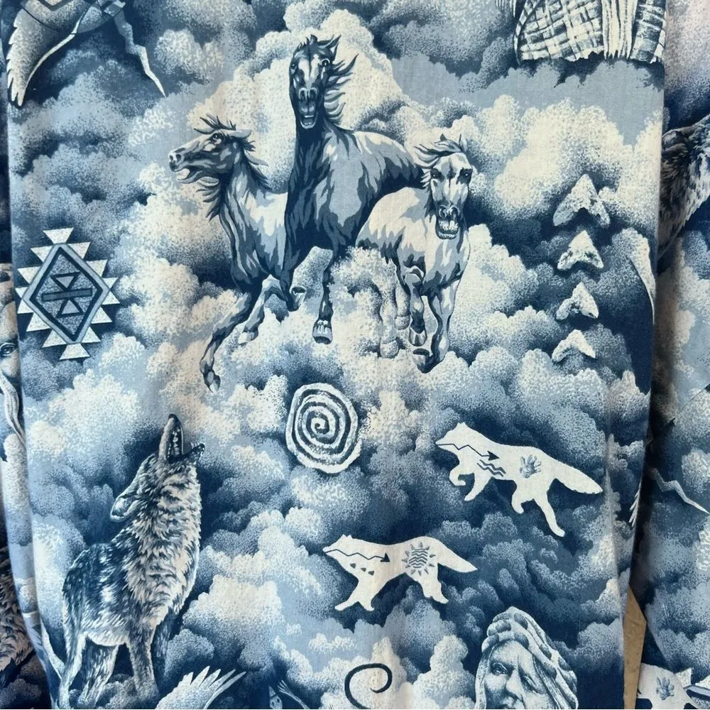 Native Legacy American Springs Cotton Blue Wolf Spirit Horse Petroglyph Kimono - Image 9