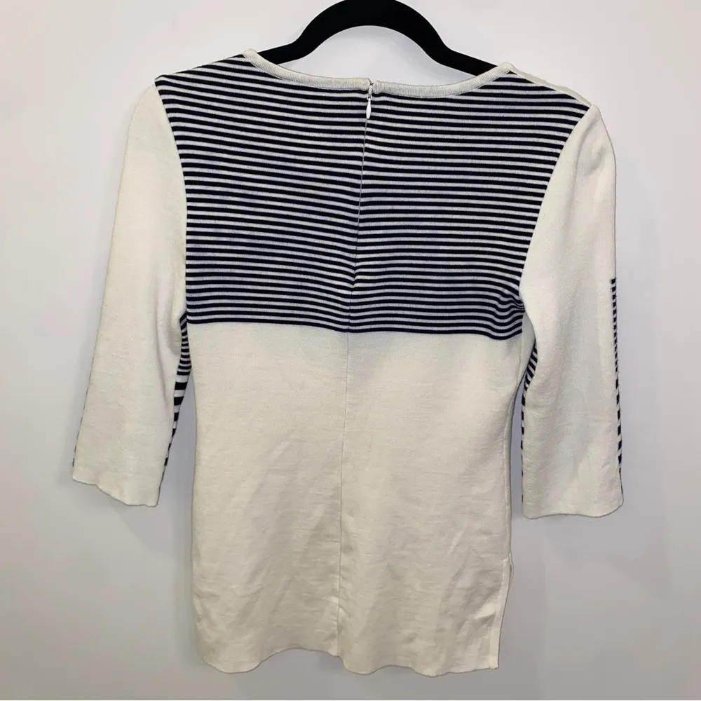 Vintage St. John Cream Black Striped Sleeve Wool-Blend Sweater Small Flawed - Image 4