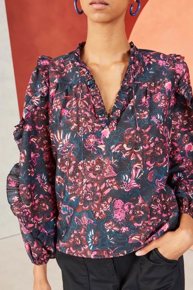 ULLA JOHNSON Rana Blouse Size 2 Midnight Floral Puff Sleeve Cotton Ruffles - Image 1