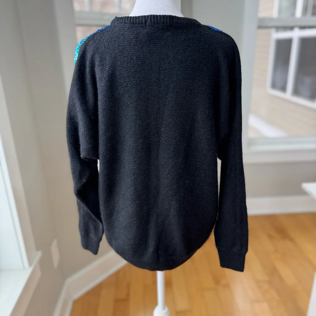 Vintage 80s Diana Marco Black Blue Green Sequin Silk Angora Sweater Size Large - Image 10
